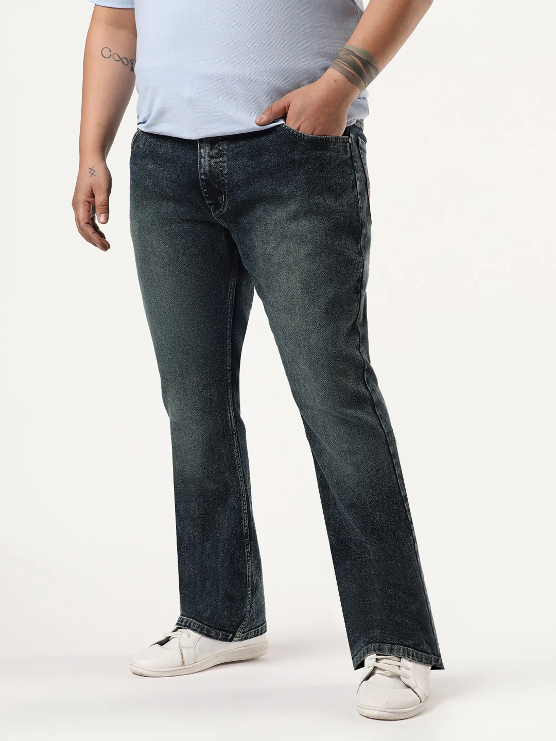 Plus Men's Dark Blue Bootcut Fit Mid Rise Tinted Heavy Washed Jeans Stretchable - Image 3