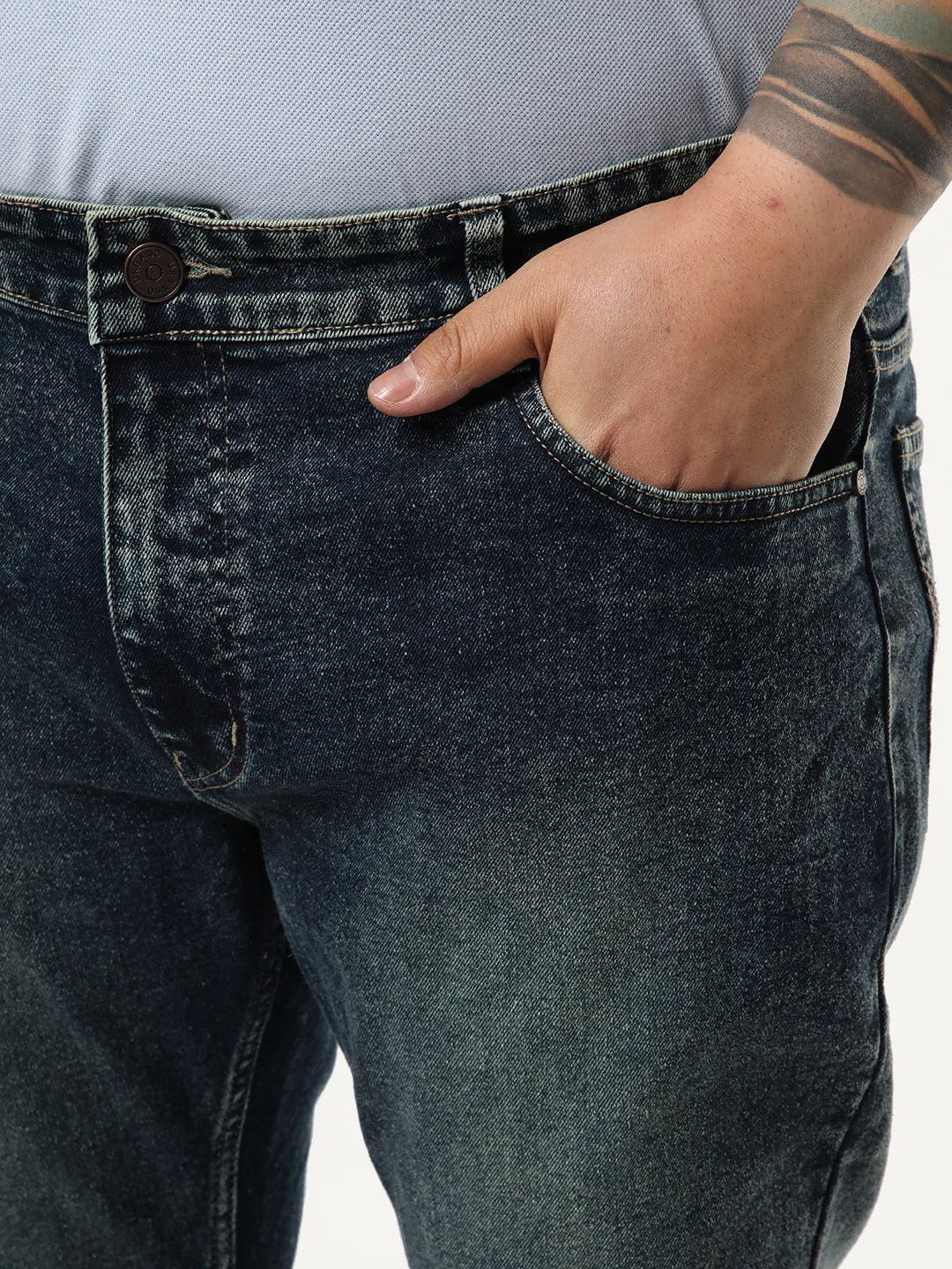 Plus Men's Dark Blue Bootcut Fit Mid Rise Tinted Heavy Washed Jeans Stretchable - Image 6