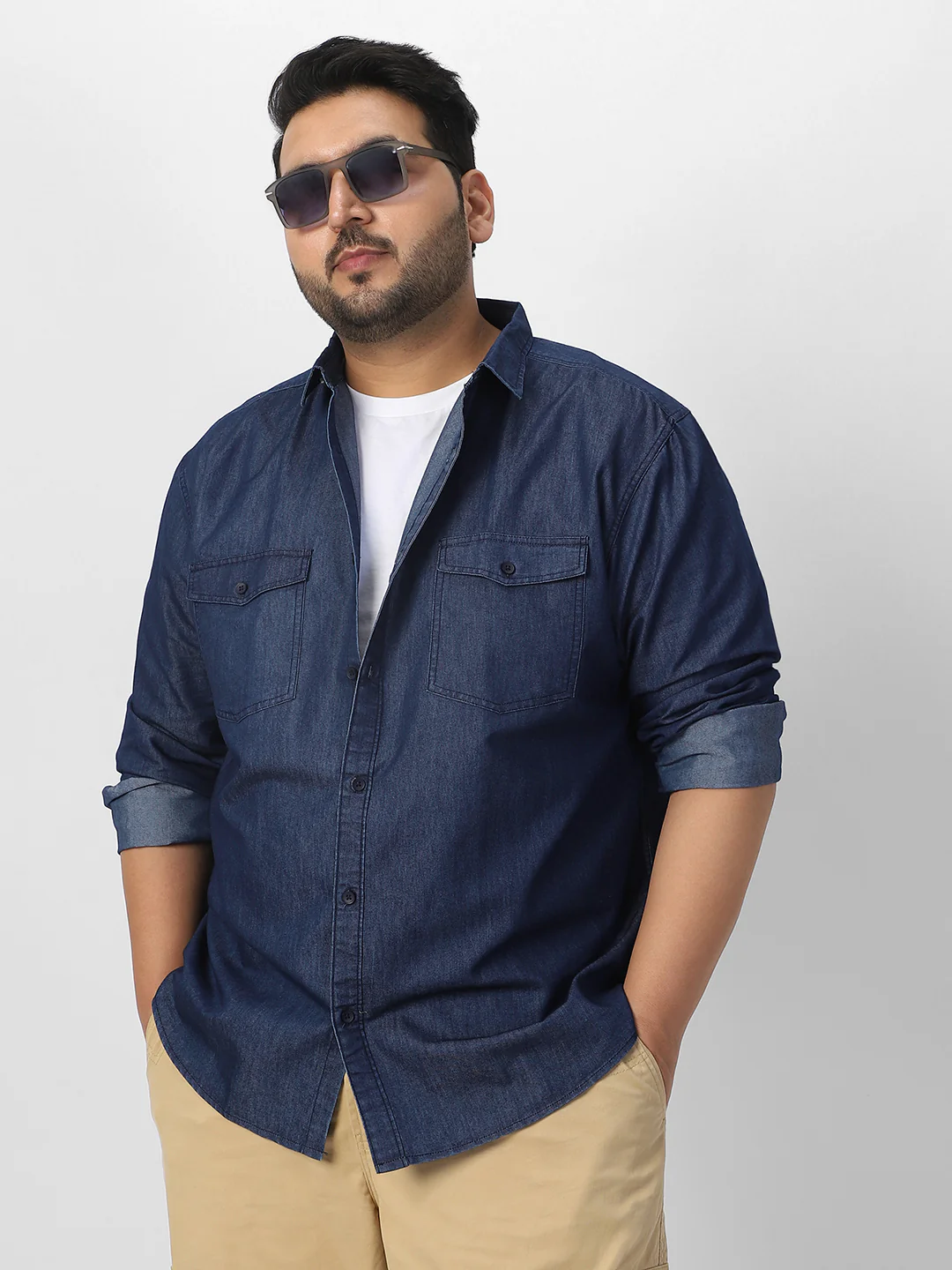 Plus Men's Dark Blue Full Sleeve Regular Fit Casual Denim Shirt - Image 2