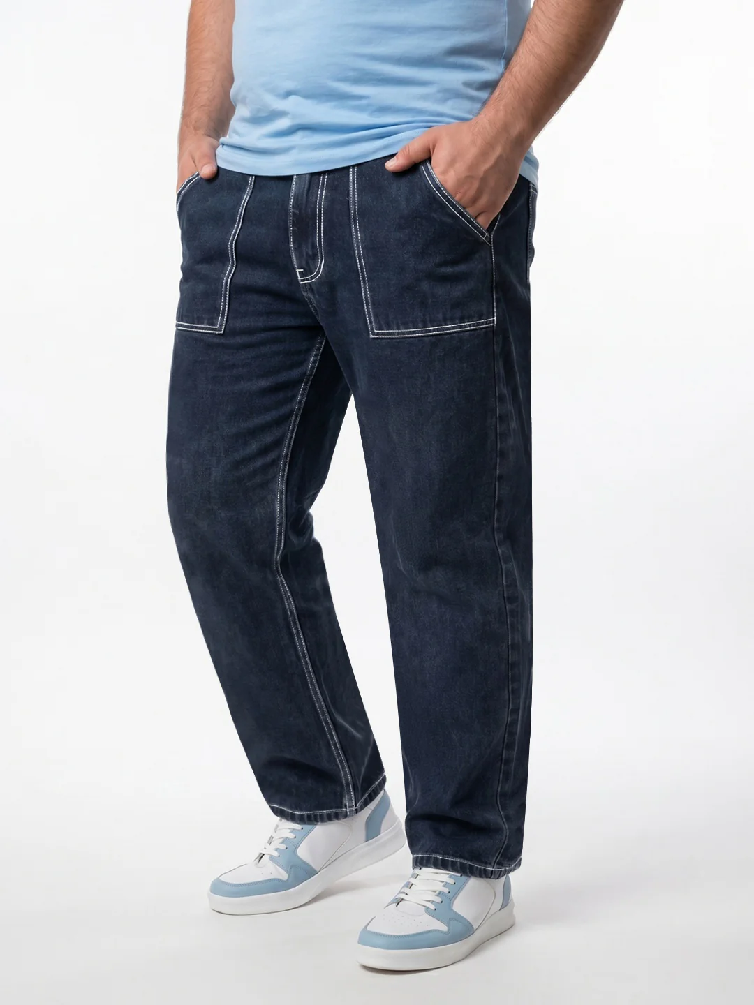 Plus Men's Dark Blue Loose Baggy Fit Washed Denim Jeans Non-Stretchable - Image 2
