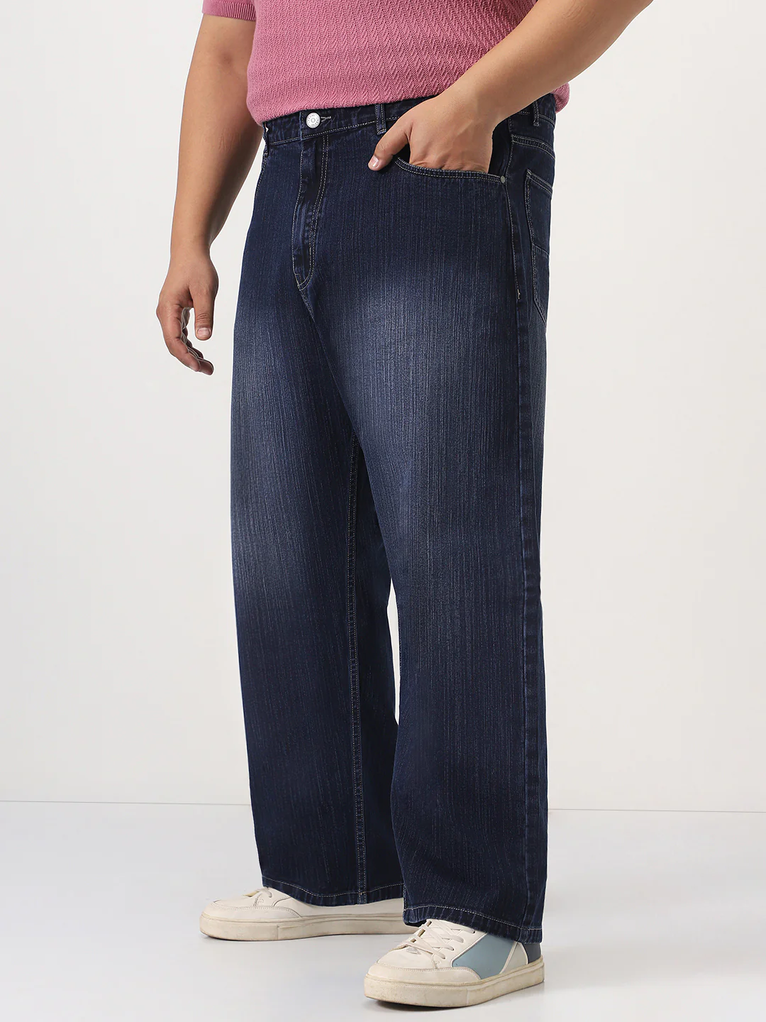 Plus Men's Dark Blue Loose Baggy Fit Washed Denim Jeans Non-Stretchable - Image 2