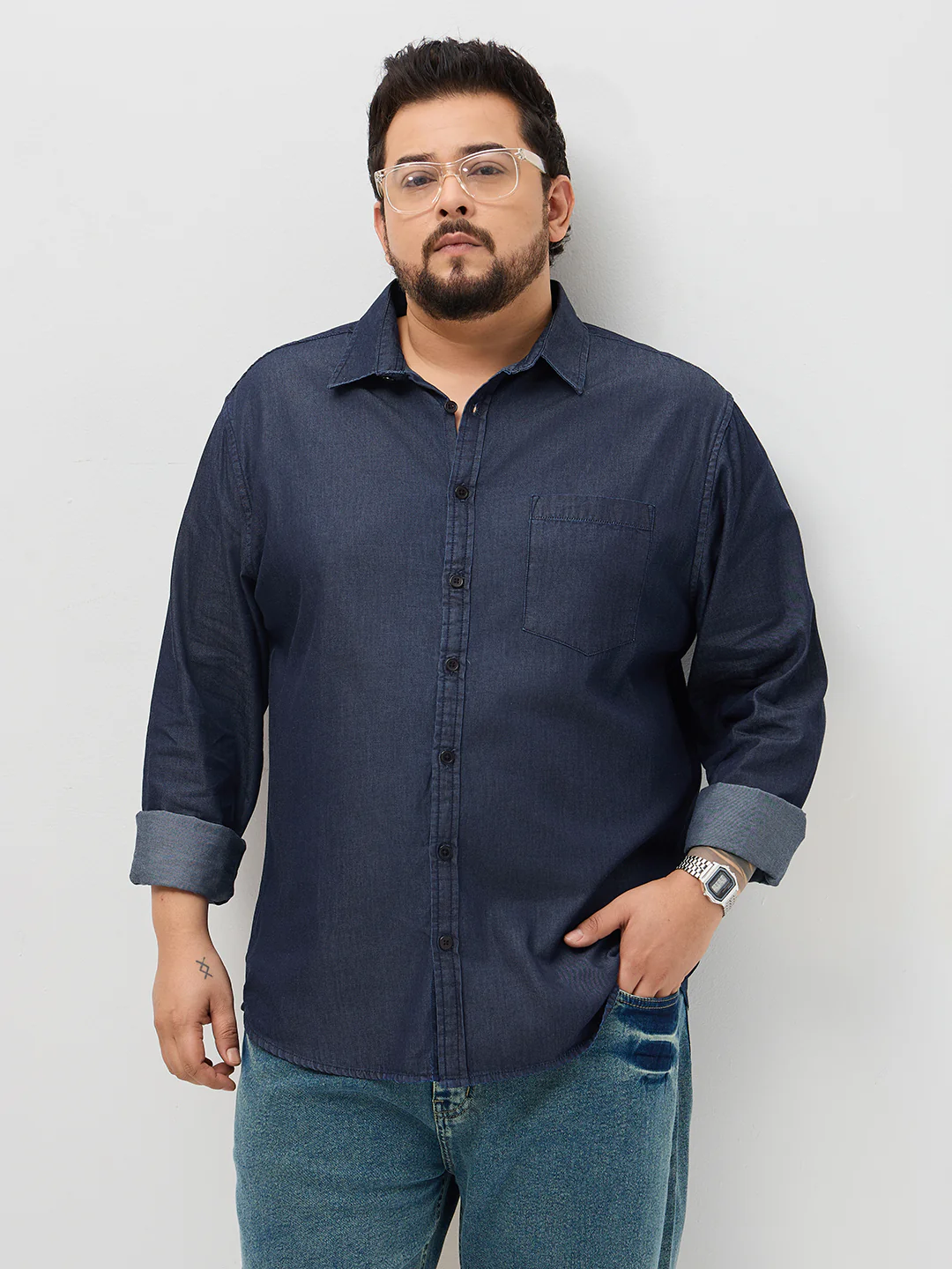 Plus Men's Dark Blue Regular Fit Full Sleeve Solid Denim Shirt - Image 2