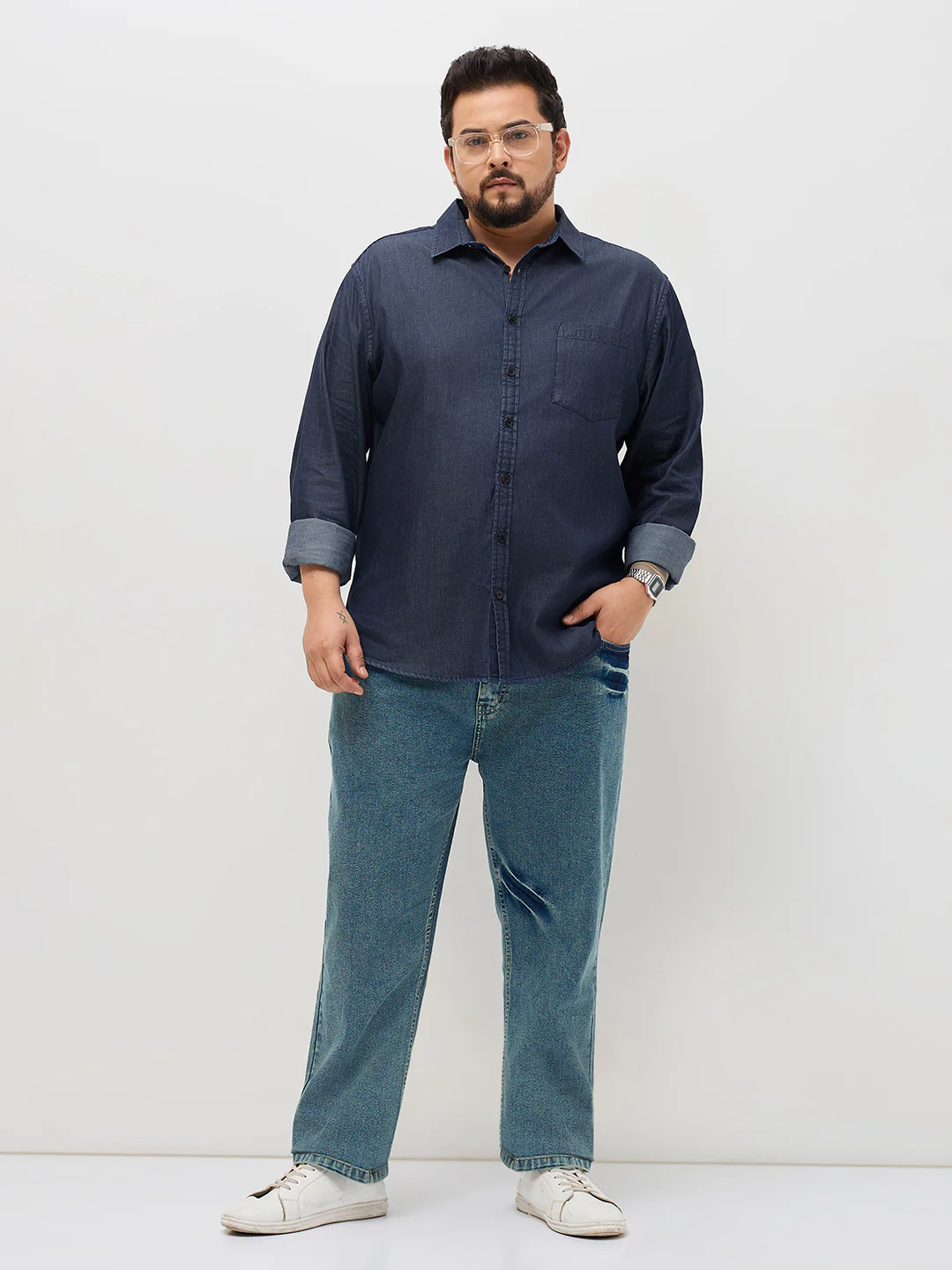 Plus Men's Dark Blue Regular Fit Full Sleeve Solid Denim Shirt - Image 5