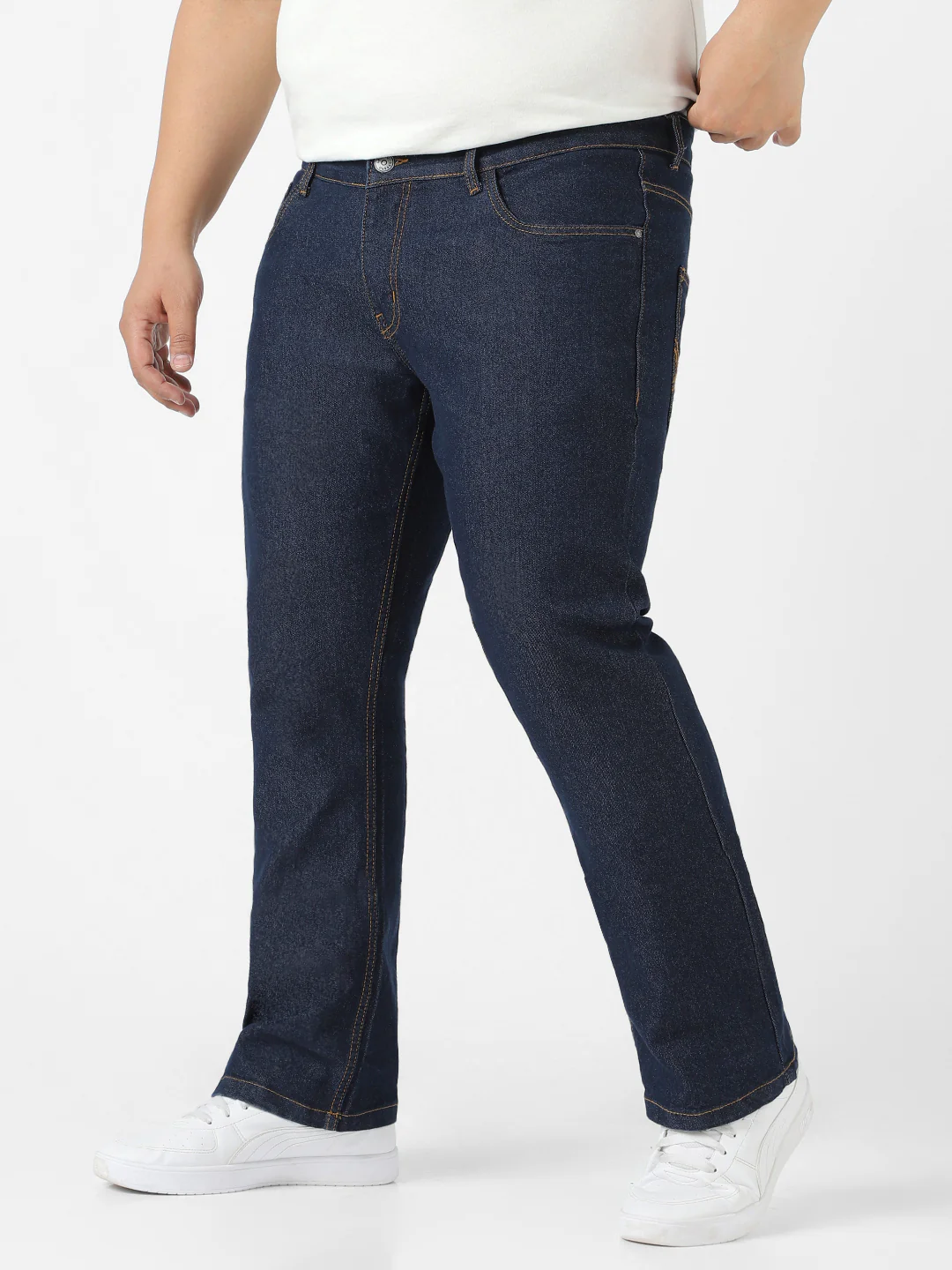 Plus Men's Dark Blue Regular Fit Washed Denim Bootcut Jeans Stretchable - Image 3