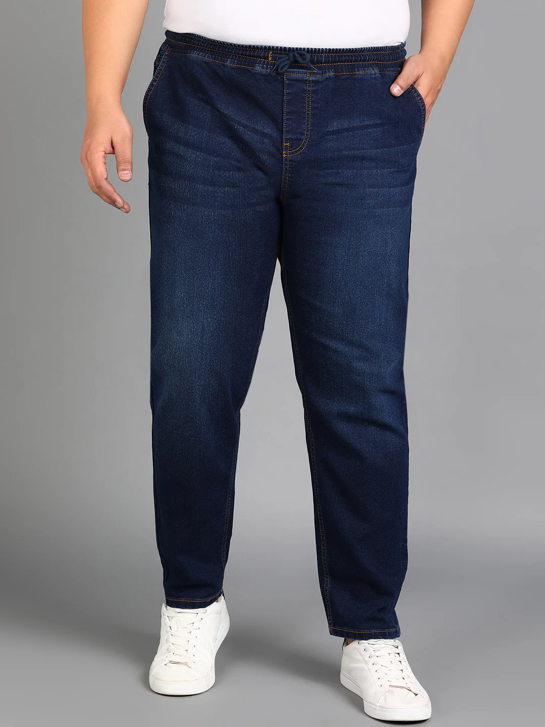 Plus Men's Dark Blue Regular Fit Washed Jogger Jeans Stretchable