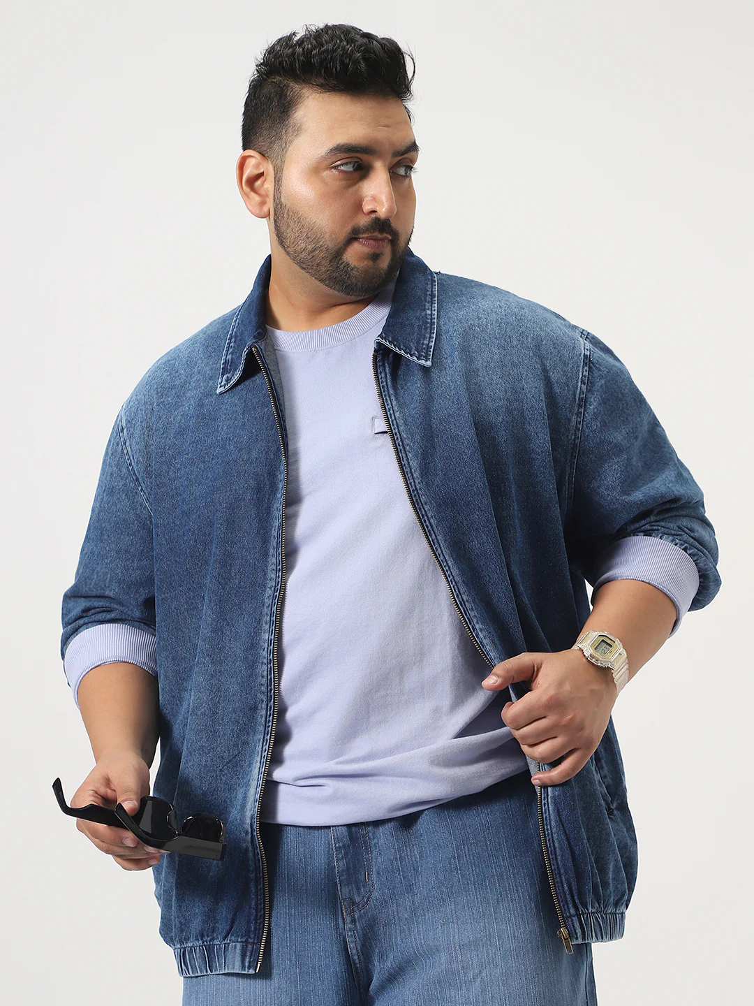 Plus Men's Dark Blue Relaxed Fit Full Sleeve Harrington Denim Jacket