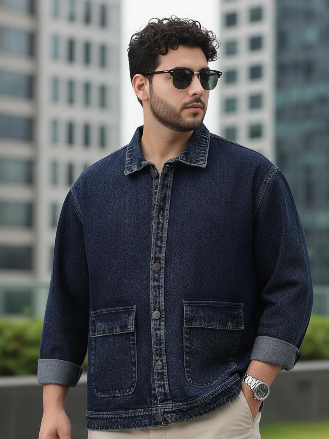 Plus Men's Dark Blue Relaxed Fit Full Sleeve Utility Denim Jacket