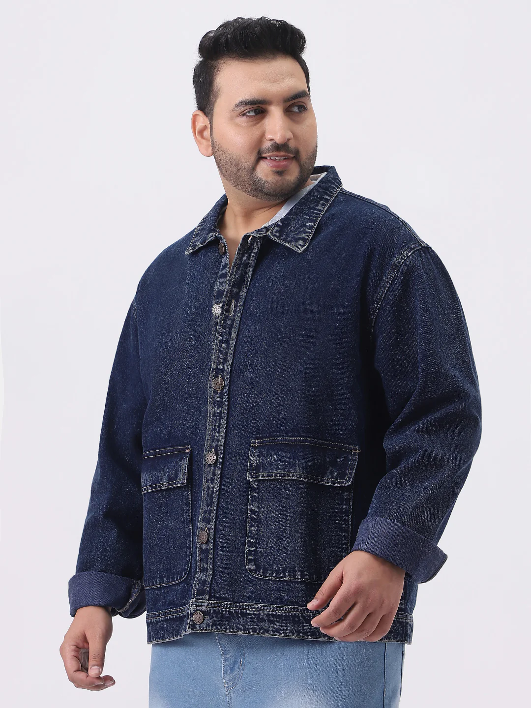 Plus Men's Dark Blue Relaxed Fit Full Sleeve Utility Denim Jacket - Image 3