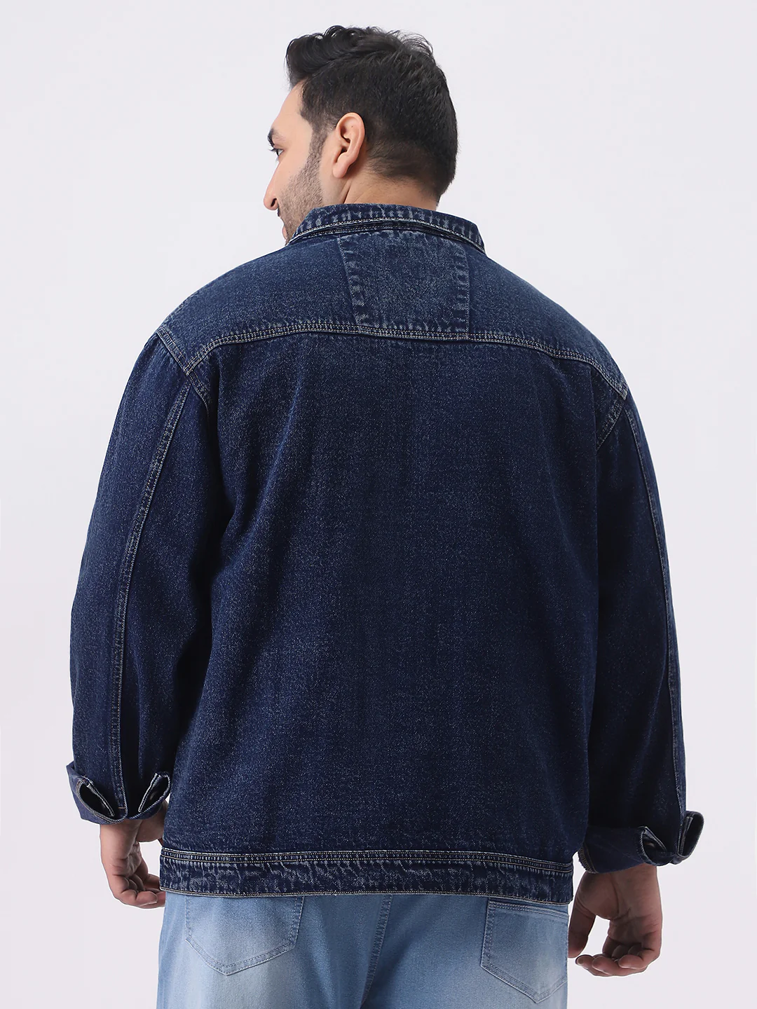 Plus Men's Dark Blue Relaxed Fit Full Sleeve Utility Denim Jacket - Image 4