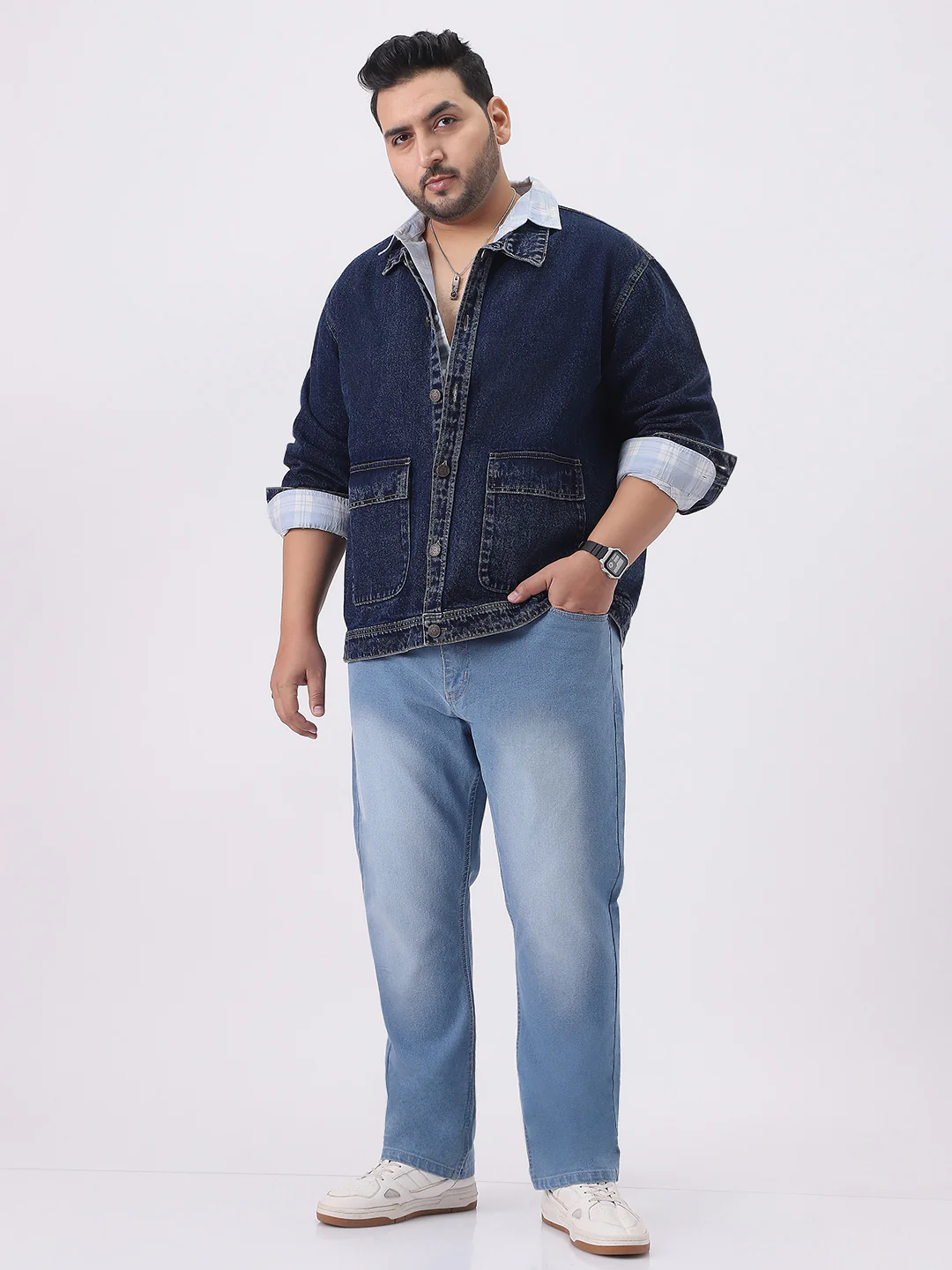 Plus Men's Dark Blue Relaxed Fit Full Sleeve Utility Denim Jacket - Image 5