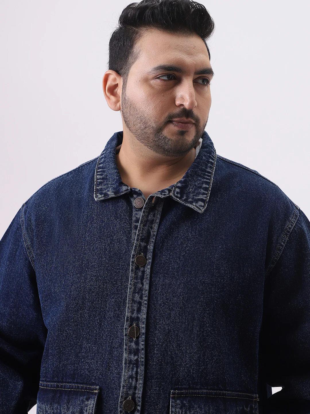 Plus Men's Dark Blue Relaxed Fit Full Sleeve Utility Denim Jacket - Image 6