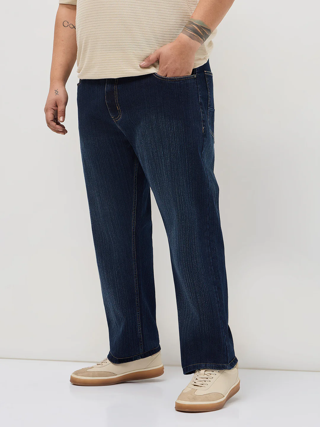 Plus Men's Dark Blue Straight Fit Washed Denim Jeans Stretchable - Image 2