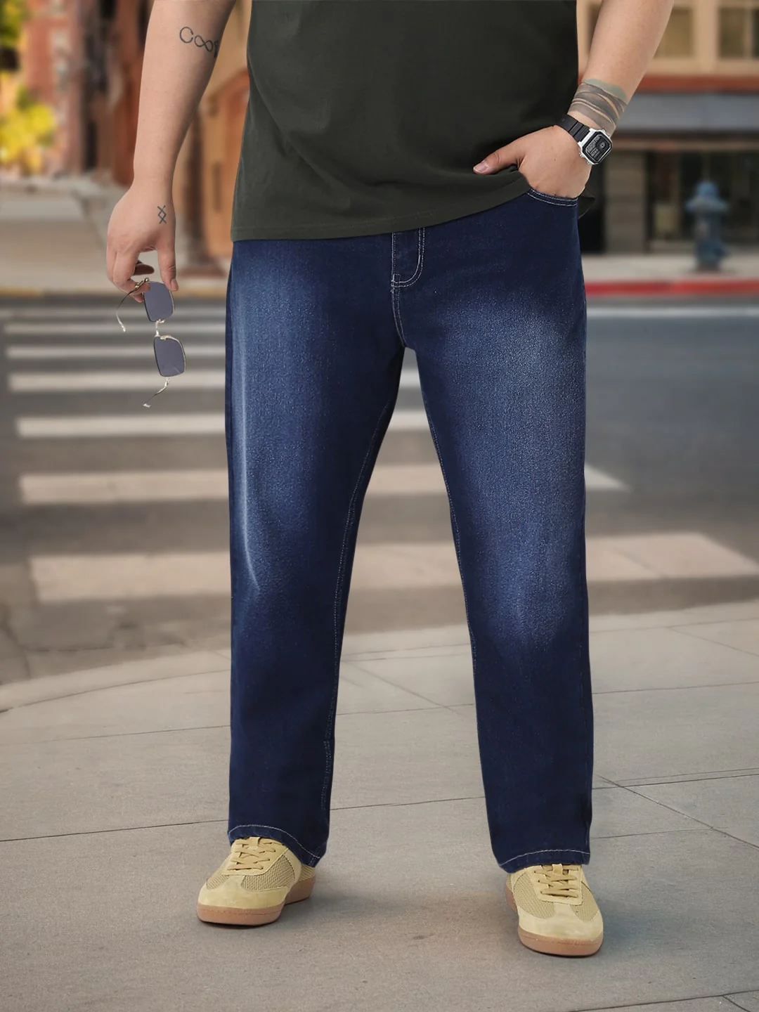 Plus Men's Dark Blue Straight Fit Washed Jeans Stretchable