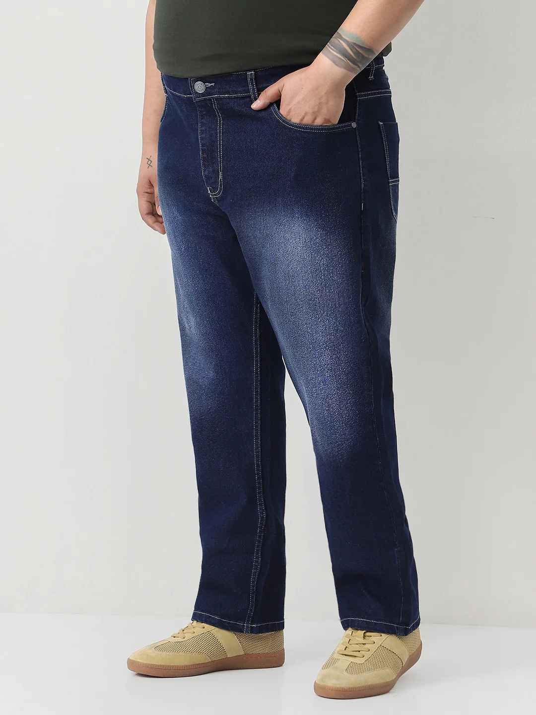 Plus Men's Dark Blue Straight Fit Washed Jeans Stretchable - Image 2