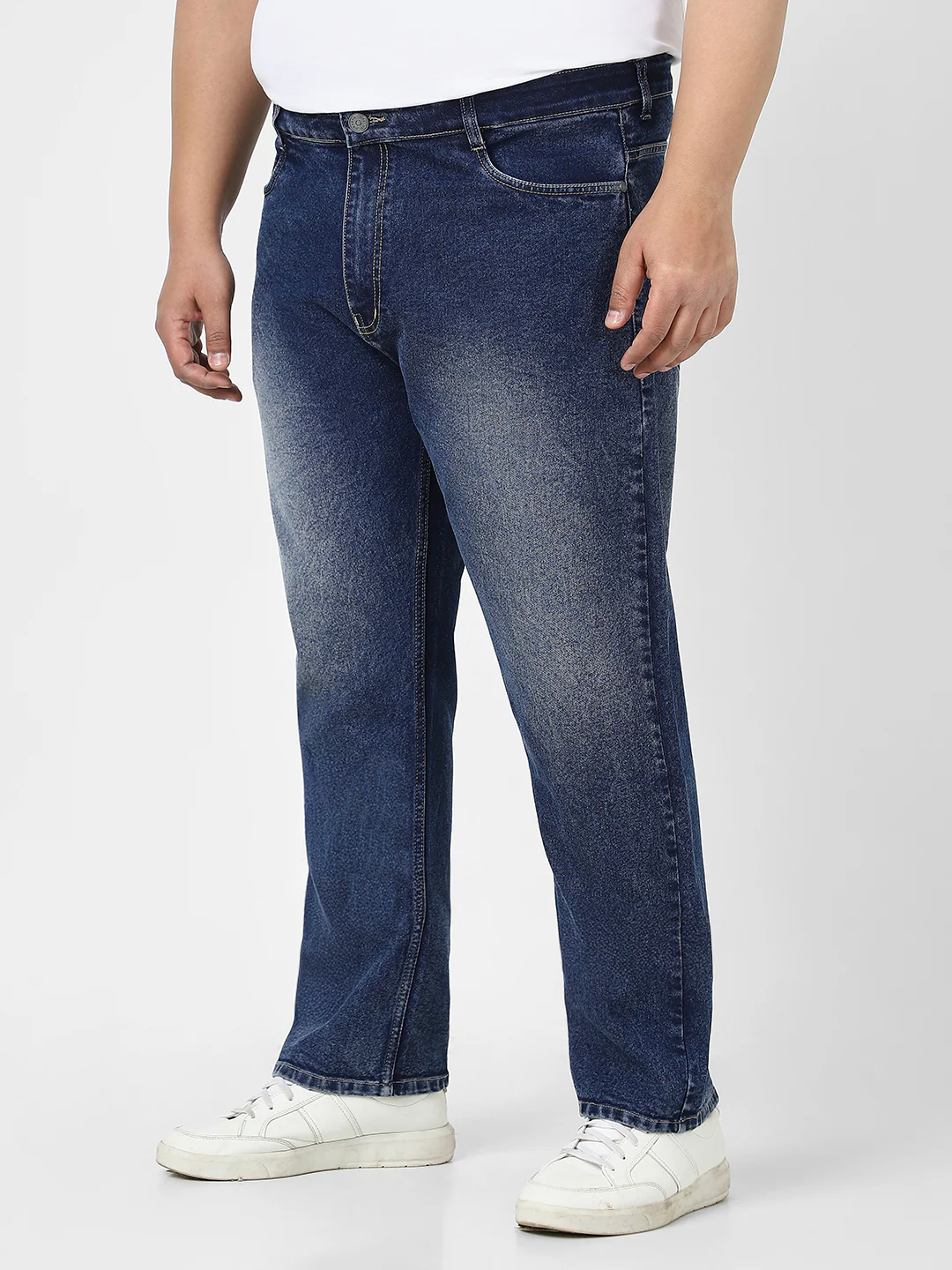 Plus Men's Dark Blue Straight Fit Washed Jeans Stretchable - Image 2