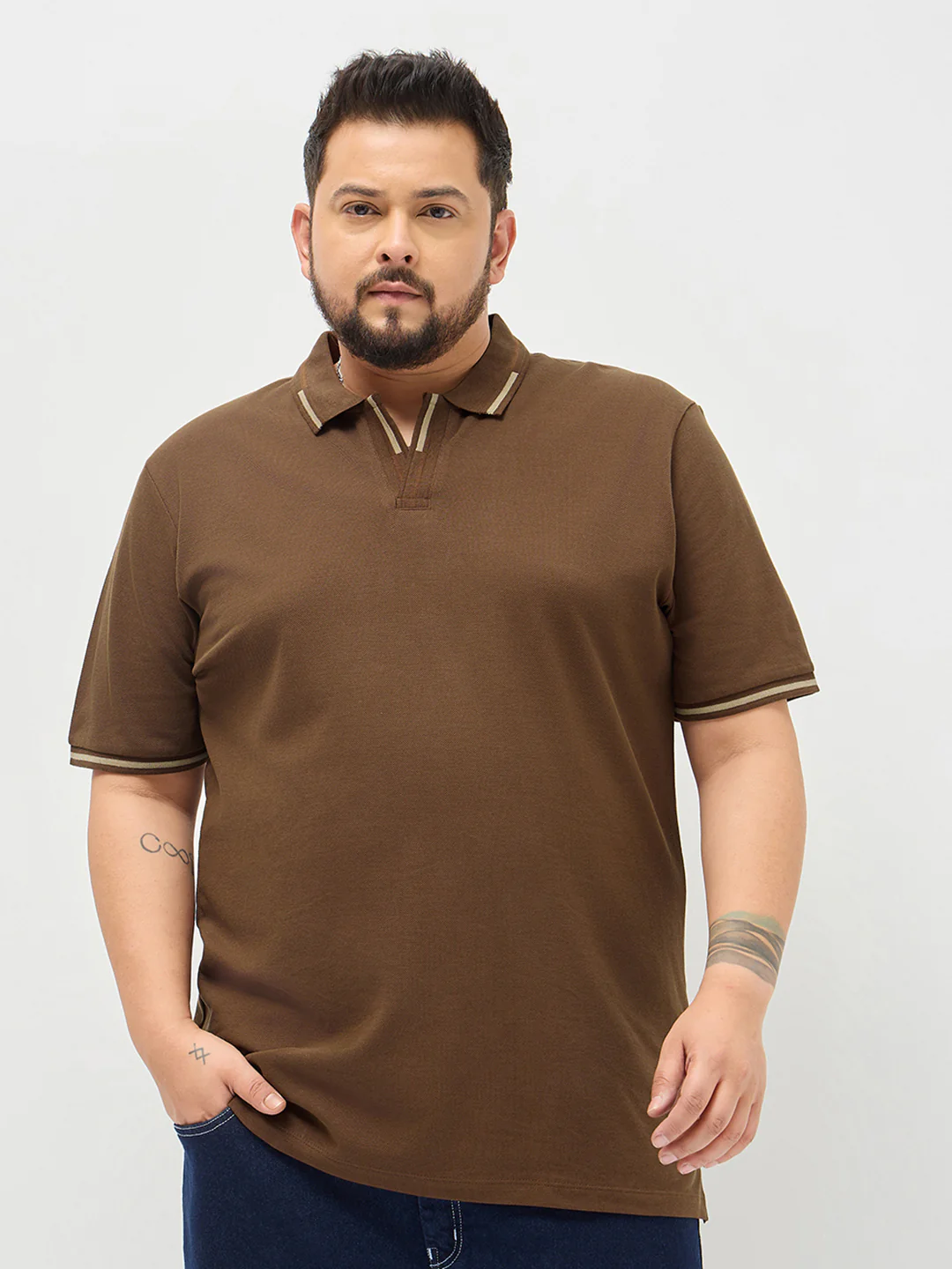 Plus Men's Dark Brown Solid Regular Fit Half Sleeve Cotton Polo T-Shirt