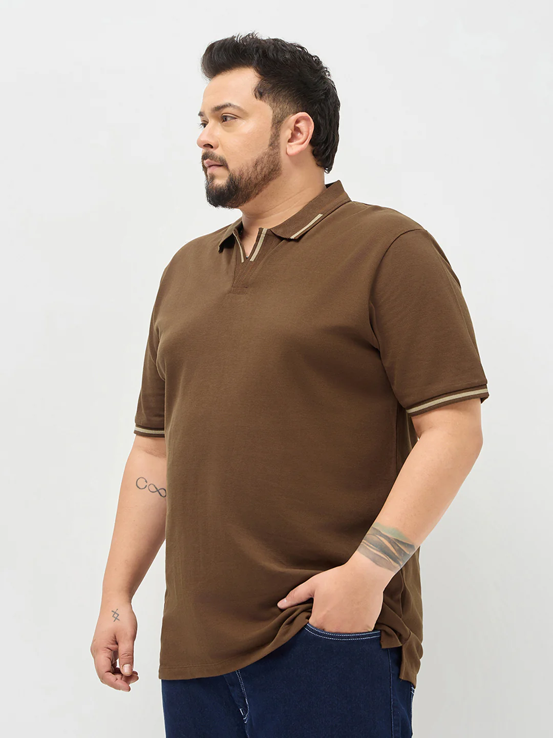 Plus Men's Dark Brown Solid Regular Fit Half Sleeve Cotton Polo T-Shirt - Image 2