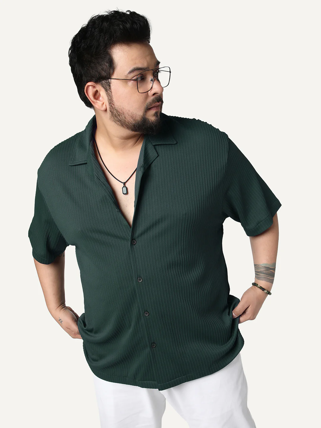Plus Men's Dark Green Cotton Half Sleeve Oversized Fit Textured Shirt with Cuban Collar