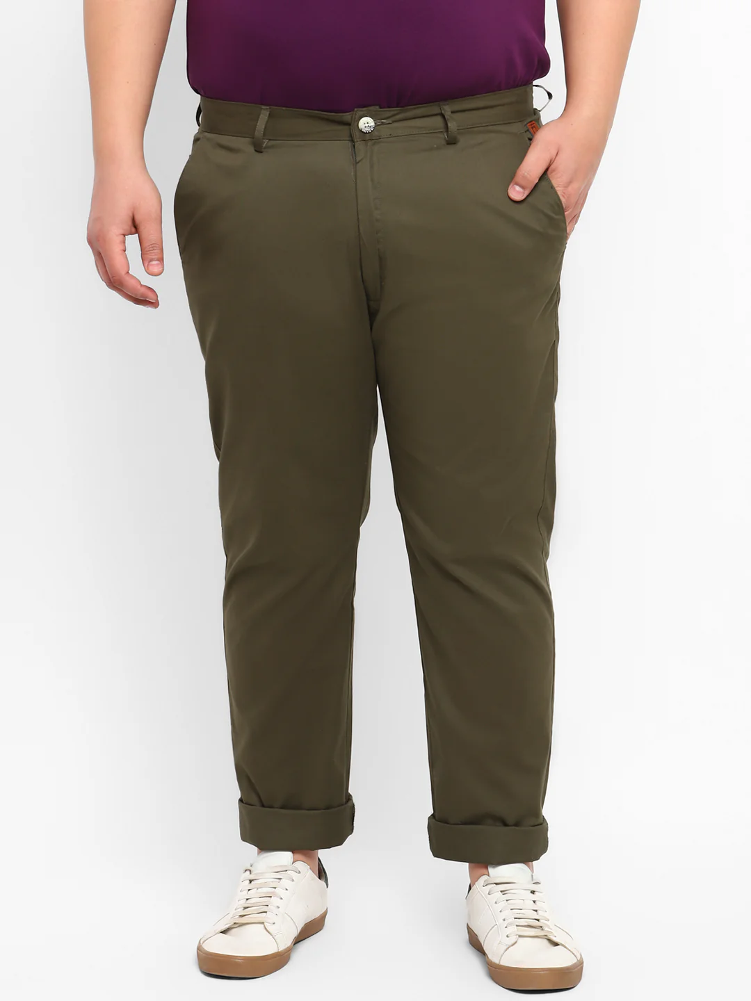 Plus Men's Dark Green Cotton Regular Fit Casual Chinos Trousers