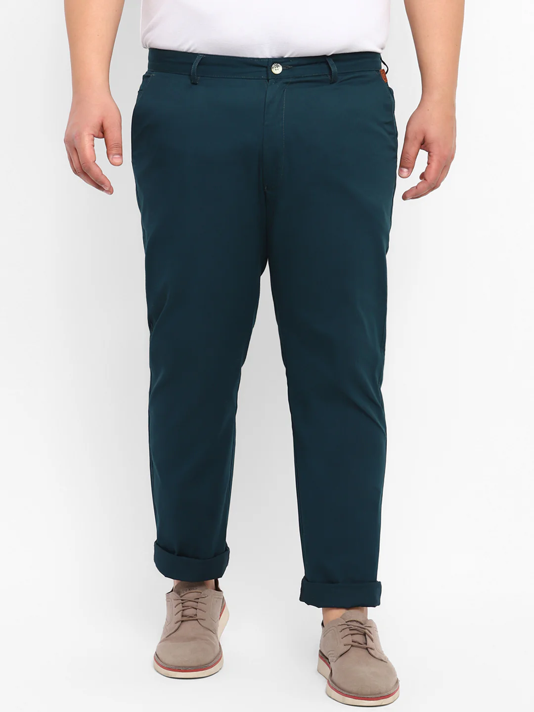 Plus Men's Dark Green Cotton Regular Fit Casual Chinos Trousers