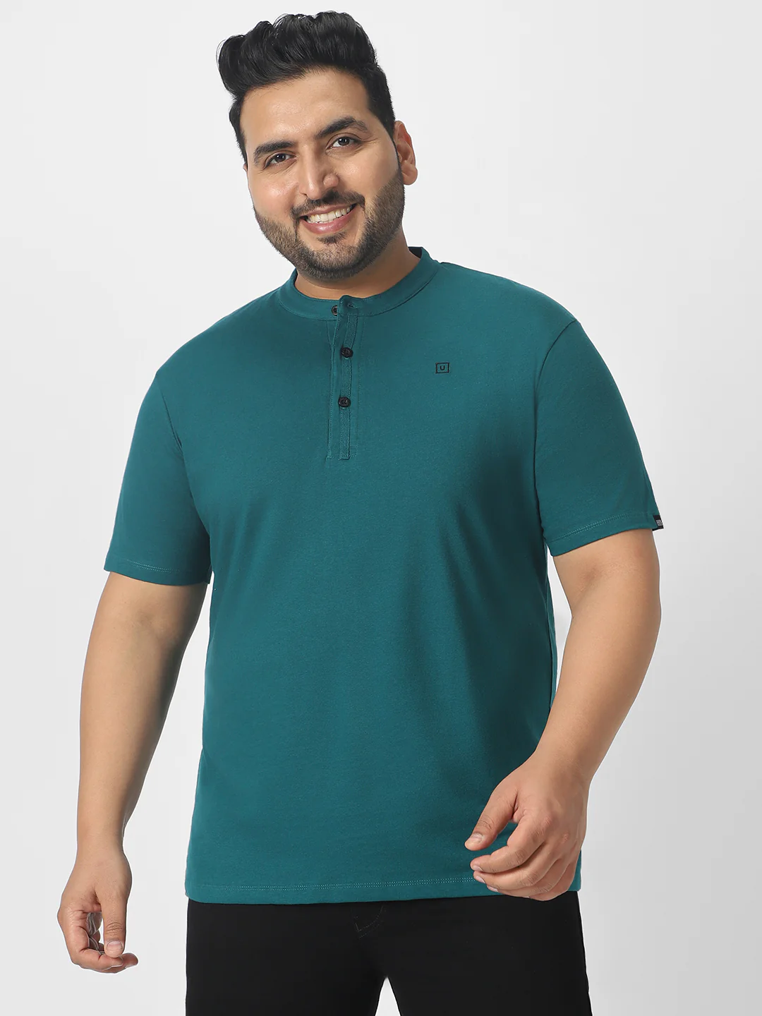 Plus Men's Dark Green Solid Mandarin Collar Regular Fit Cotton T-Shirt - Image 2
