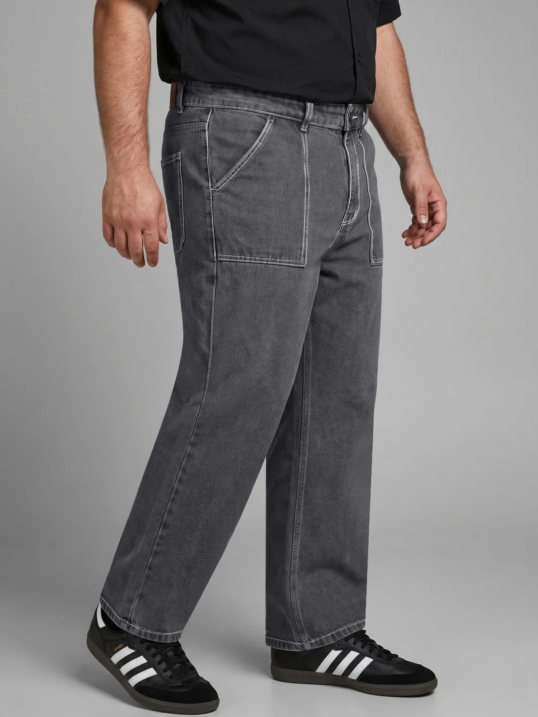 Plus Men's Dark Grey Loose Baggy Fit Washed Denim Jeans Non-Stretchable - Image 2