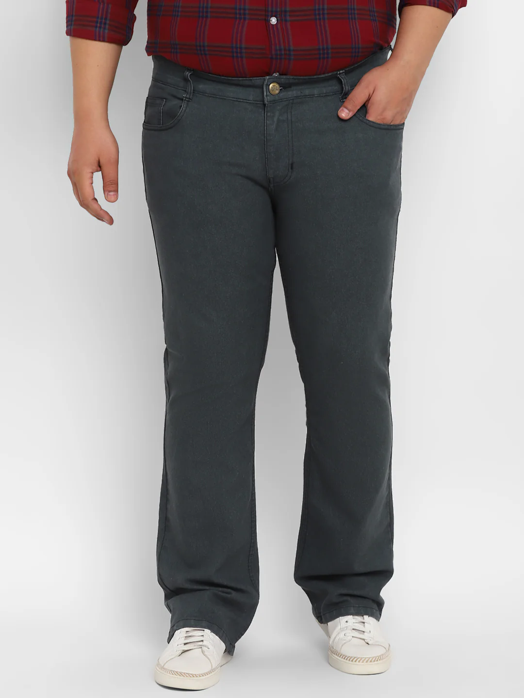Plus Men's Dark Grey Regular Fit Washed Denim Bootcut Jeans Stretchable