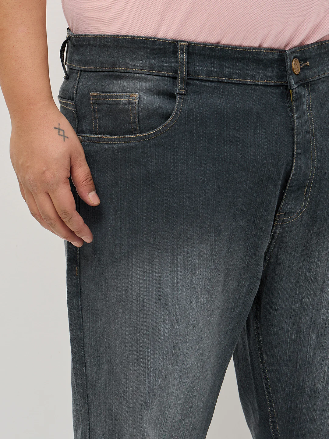 Plus Men's Dark Grey Straight Fit Washed Denim Jeans Stretchable - Image 5