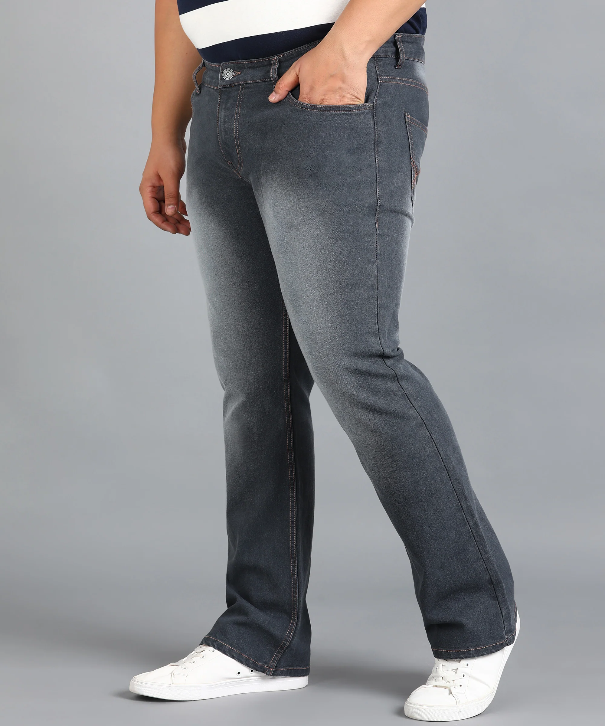 Plus Men's Dark Grey Washed Bootcut Jeans Stretchable - Image 2