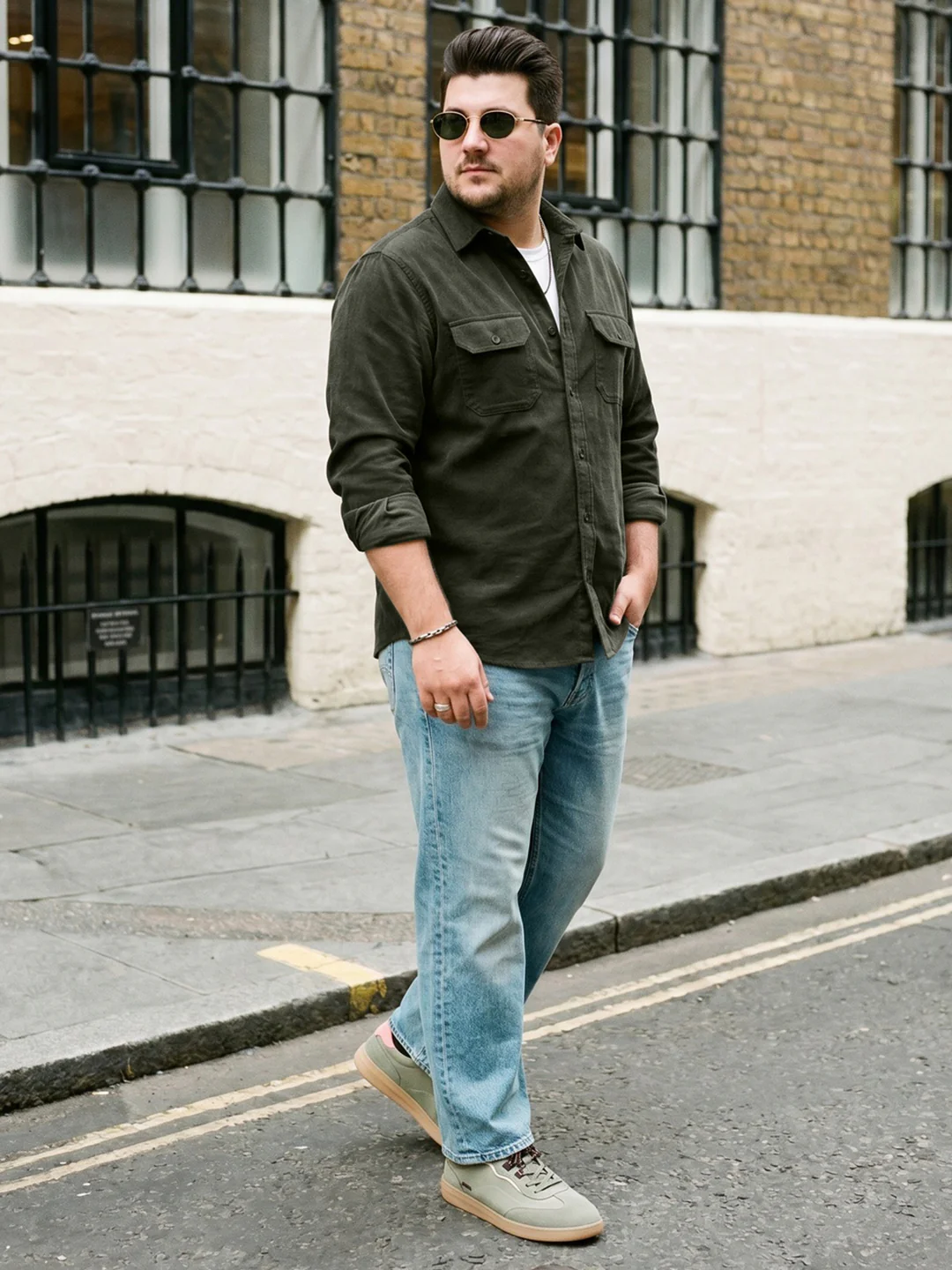 Plus Men's Dark Olive Corduroy Full Sleeve Regular Fit Solid Overshirt with Utility Pockets - Image 4