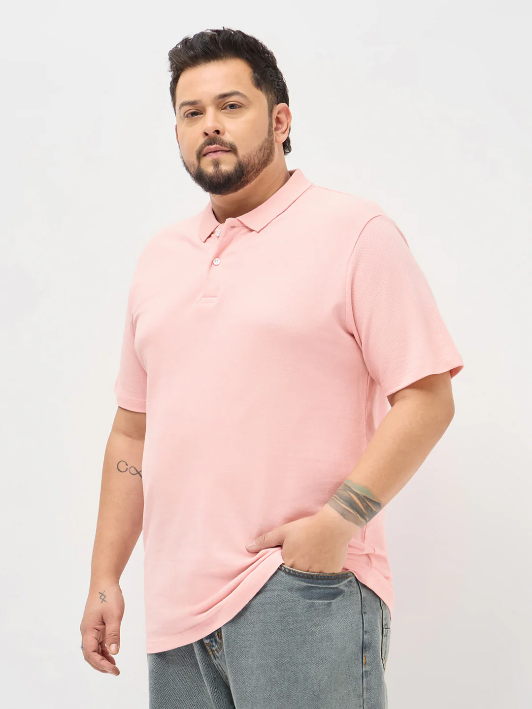 Plus Men's Dusty Pink Solid Regular Fit Half Sleeve Cotton Polo T-Shirt - Image 2