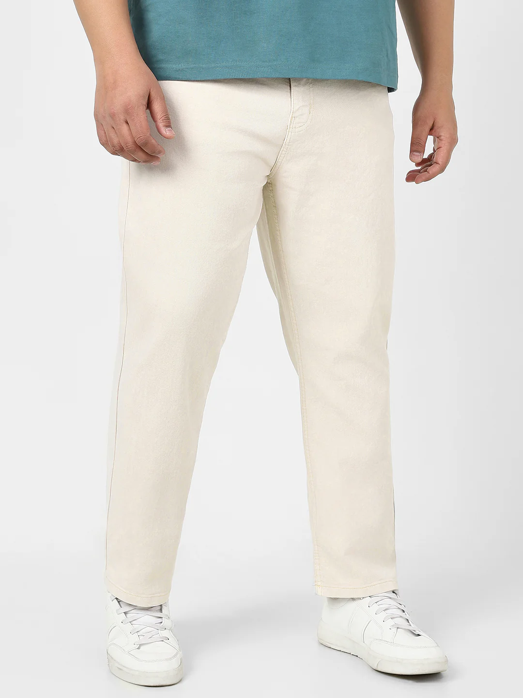 Plus Men's Ecru Straight Fit Washed Jeans Stretchable