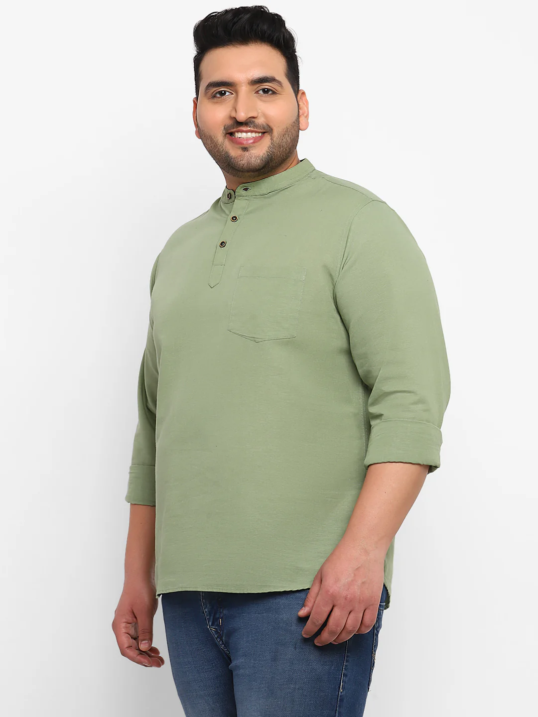 Plus Men's Green Cotton Full Sleeve Regular Fit Casual Solid Shirt - Image 2