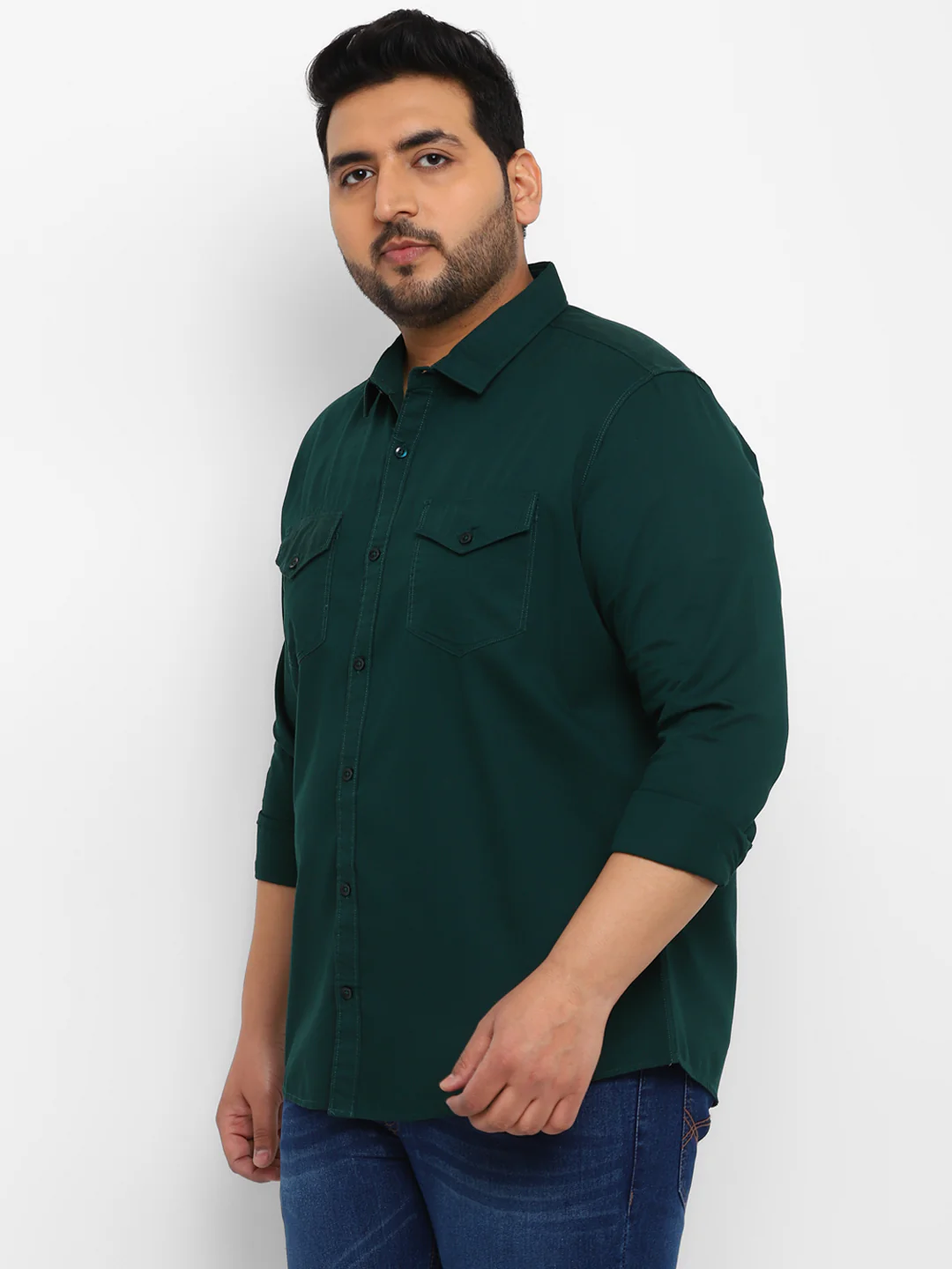 Plus Men's Green Cotton Full Sleeve Regular Fit Casual Solid Shirt - Image 2