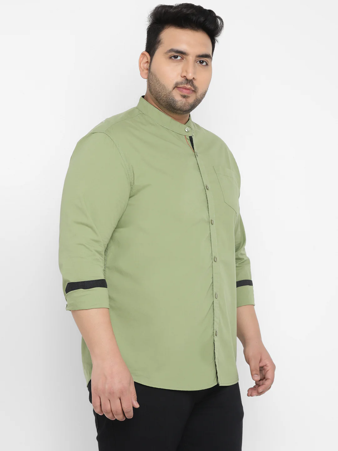 Plus Men's Green Cotton Full Sleeve Regular Fit Casual Solid Shirt with Mandarin Collar - Image 2