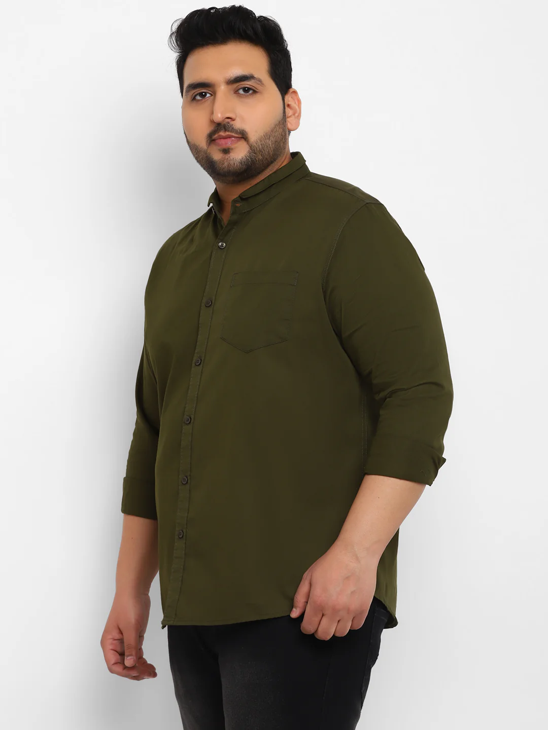 Plus Men's Green Cotton Full Sleeve Regular Fit Casual Solid Shirt with Mandarin Collar - Image 2
