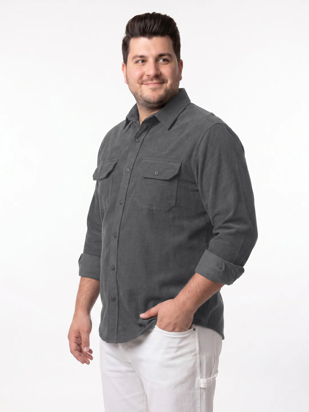 Plus Men's Grey Corduroy Full Sleeve Regular Fit Solid Overshirt with Utility Pockets - Image 2