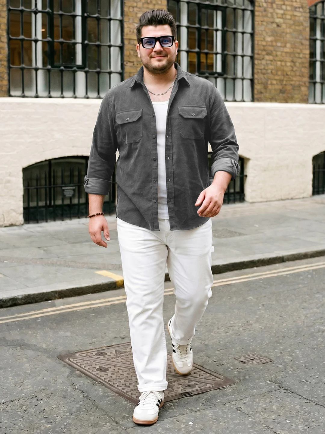 Plus Men's Grey Corduroy Full Sleeve Regular Fit Solid Overshirt with Utility Pockets - Image 4