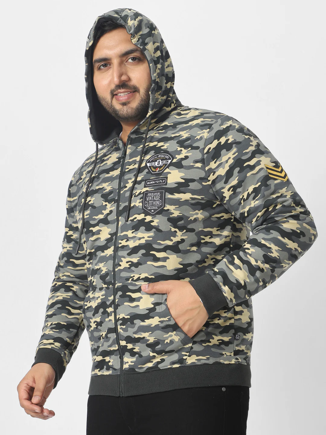 Plus Men's Grey Cotton Camouflage Printed Hooded Neck Sweatshirt - Image 2
