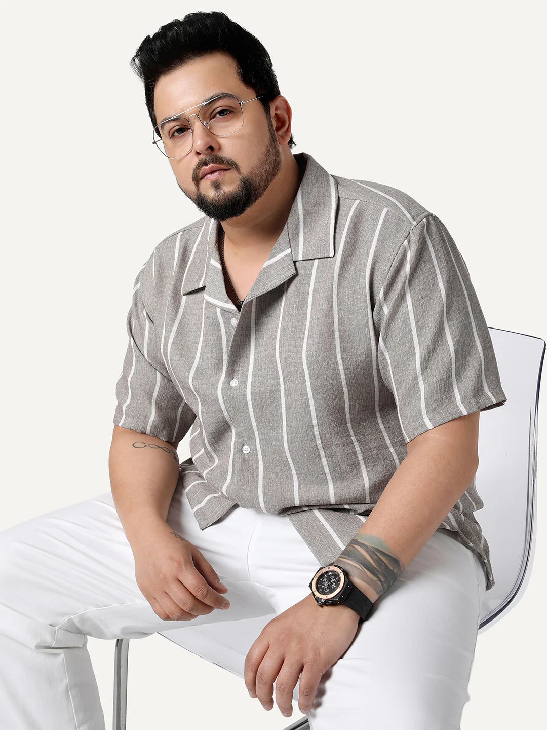 Plus Men's Grey Cotton Half Sleeve Relaxed Fit Linen Striped Shirt with Cuban Collar