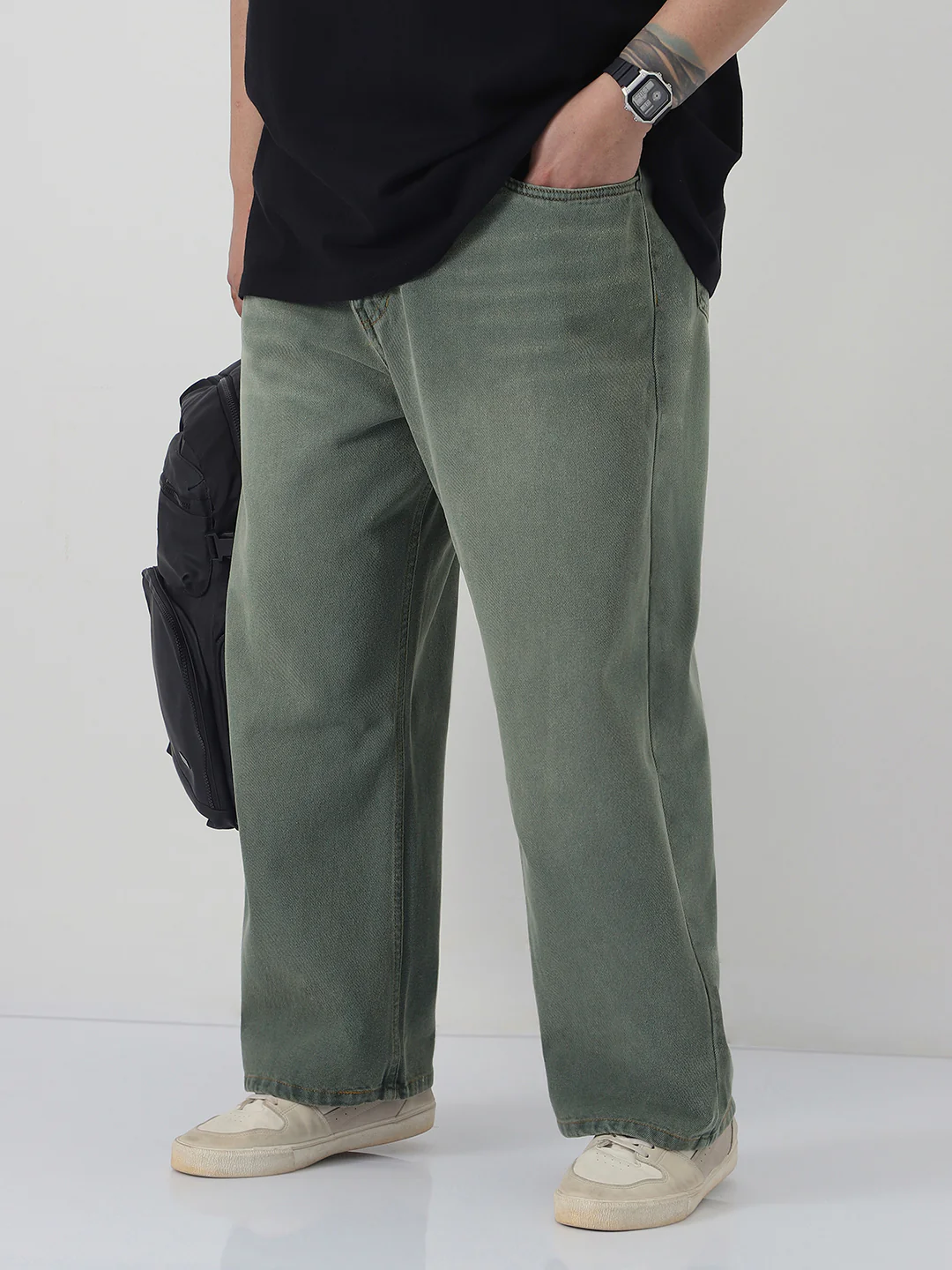 Plus Men's Grey Loose Baggy Fit Heavy Washed Jeans Non-Stretchable