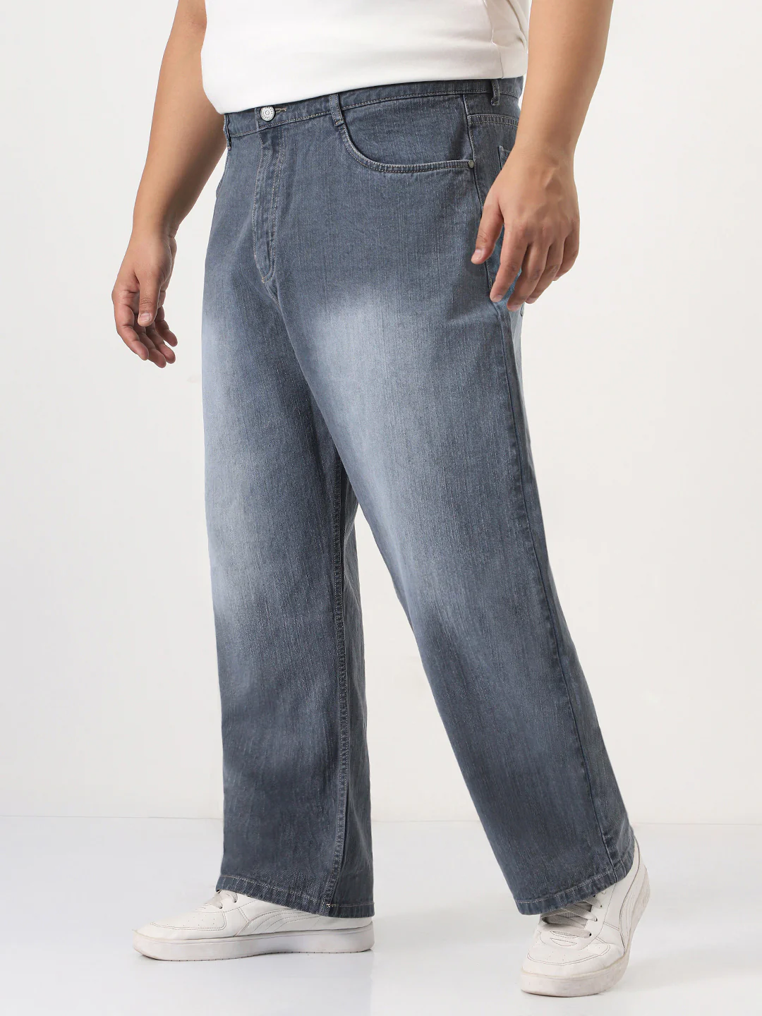 Plus Men's Grey Loose Baggy Fit Washed Denim Jeans Non-Stretchable - Image 2
