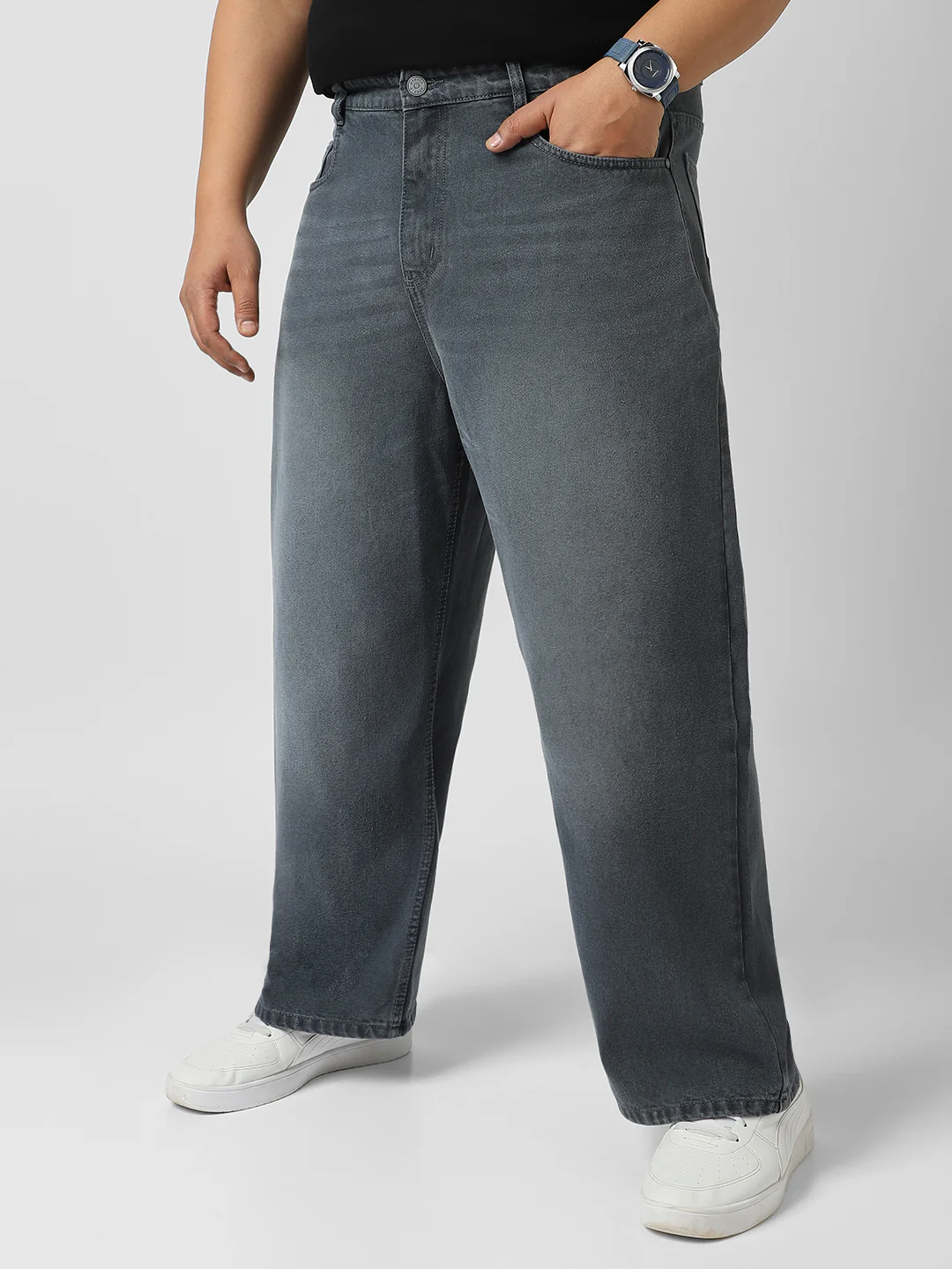 Plus Men's Grey Loose Baggy Fit Washed Jeans Non-Stretchable - Image 2