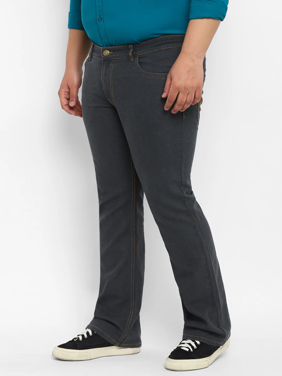 Plus Men's Grey Regular Fit Washed Denim Bootcut Jeans Stretchable - Image 2
