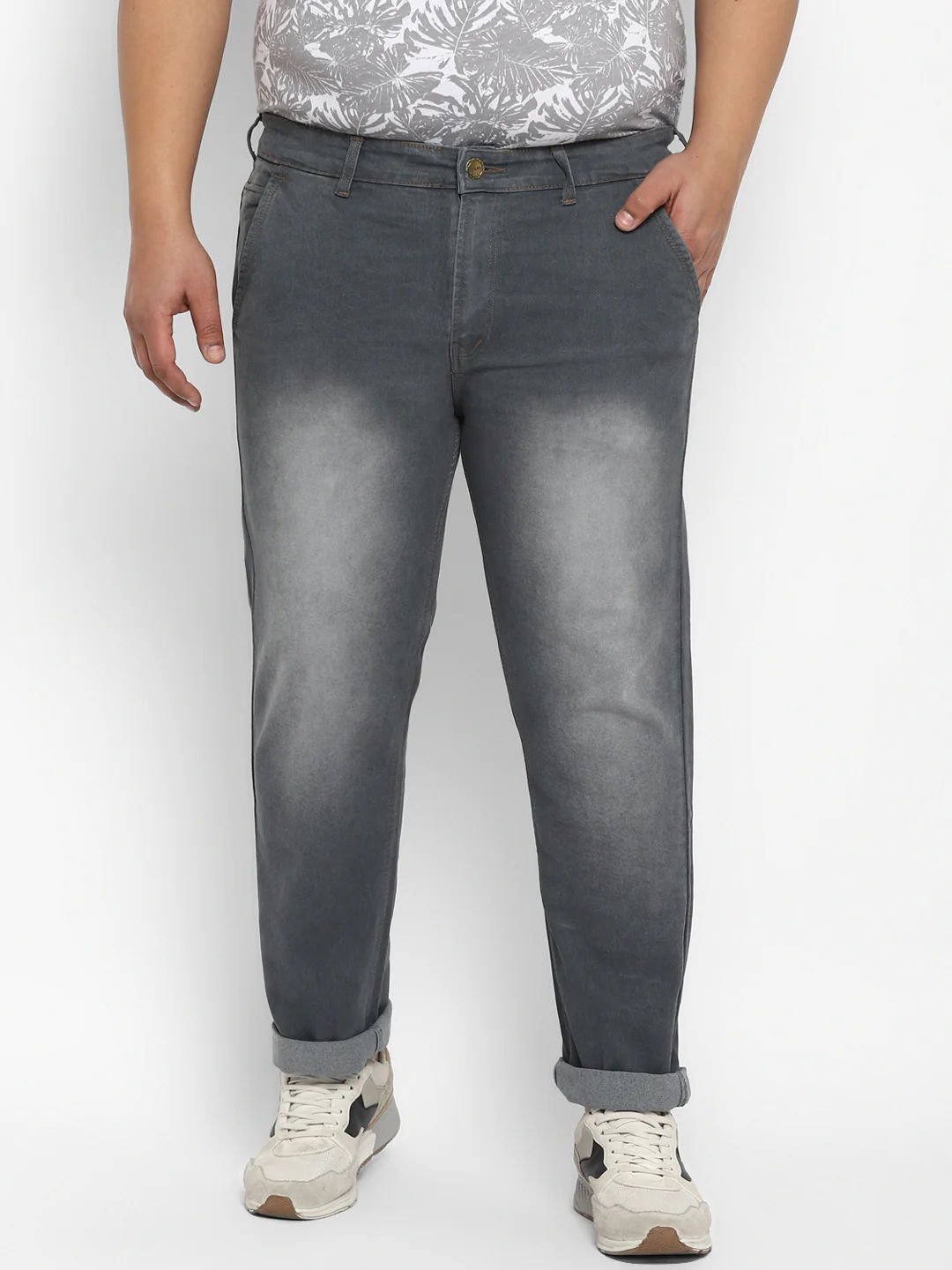 Plus Men's Grey Regular Fit Washed Jeans Stretchable