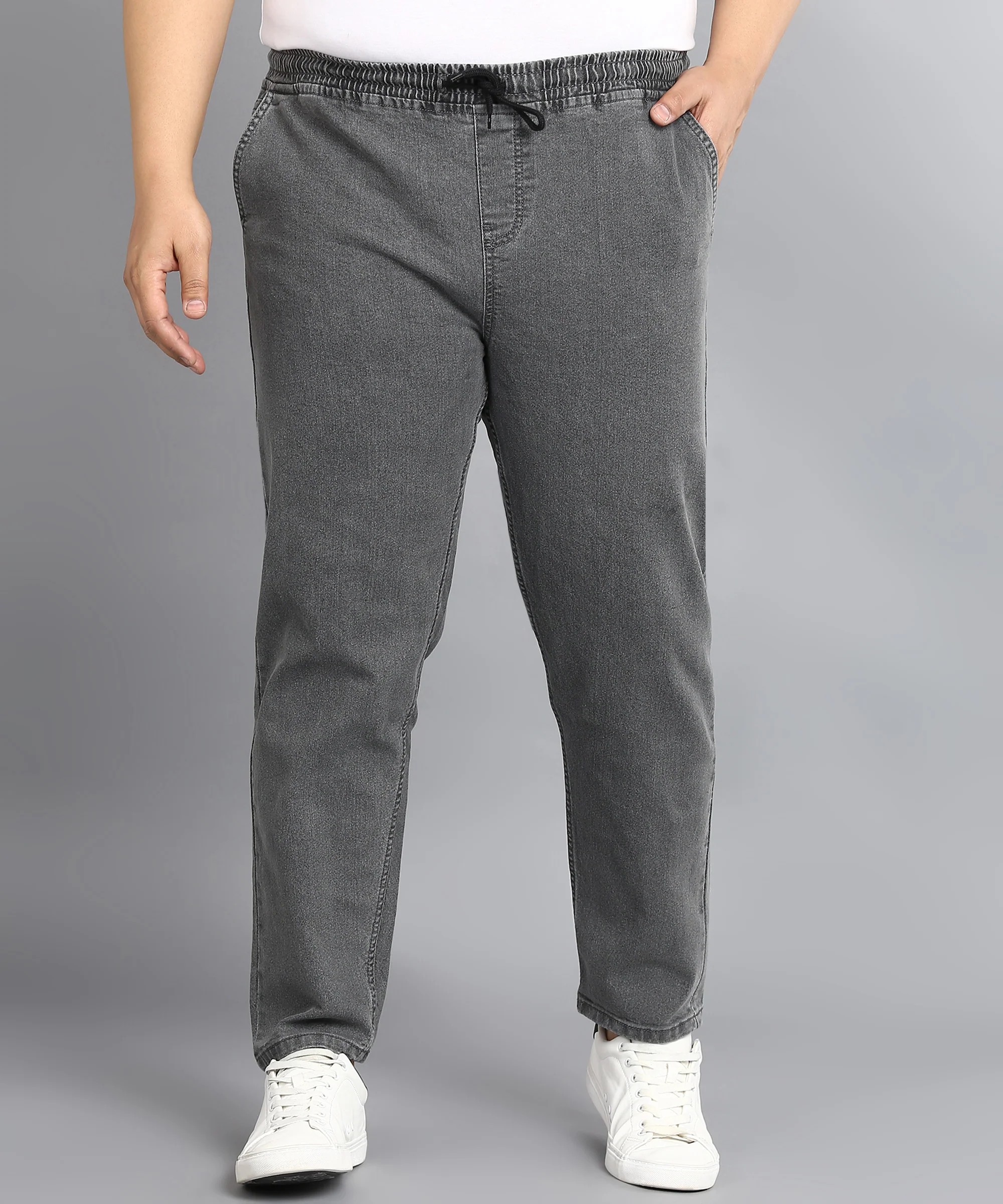 Plus Men's Grey Regular Fit Washed Jogger Jeans Stretchable