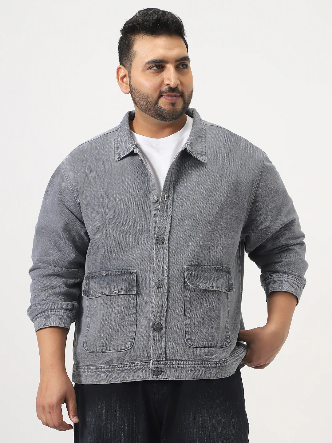 Plus Men's Grey Relaxed Fit Full Sleeve Utility Denim Jacket