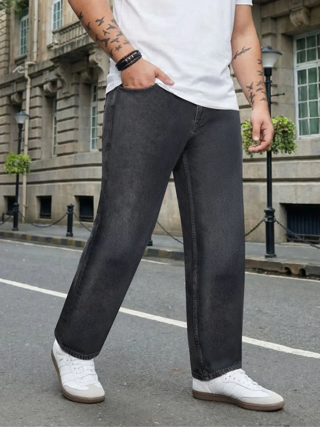 Plus Men's Grey Relaxed Fit Washed Denim Jeans Non-Stretchable