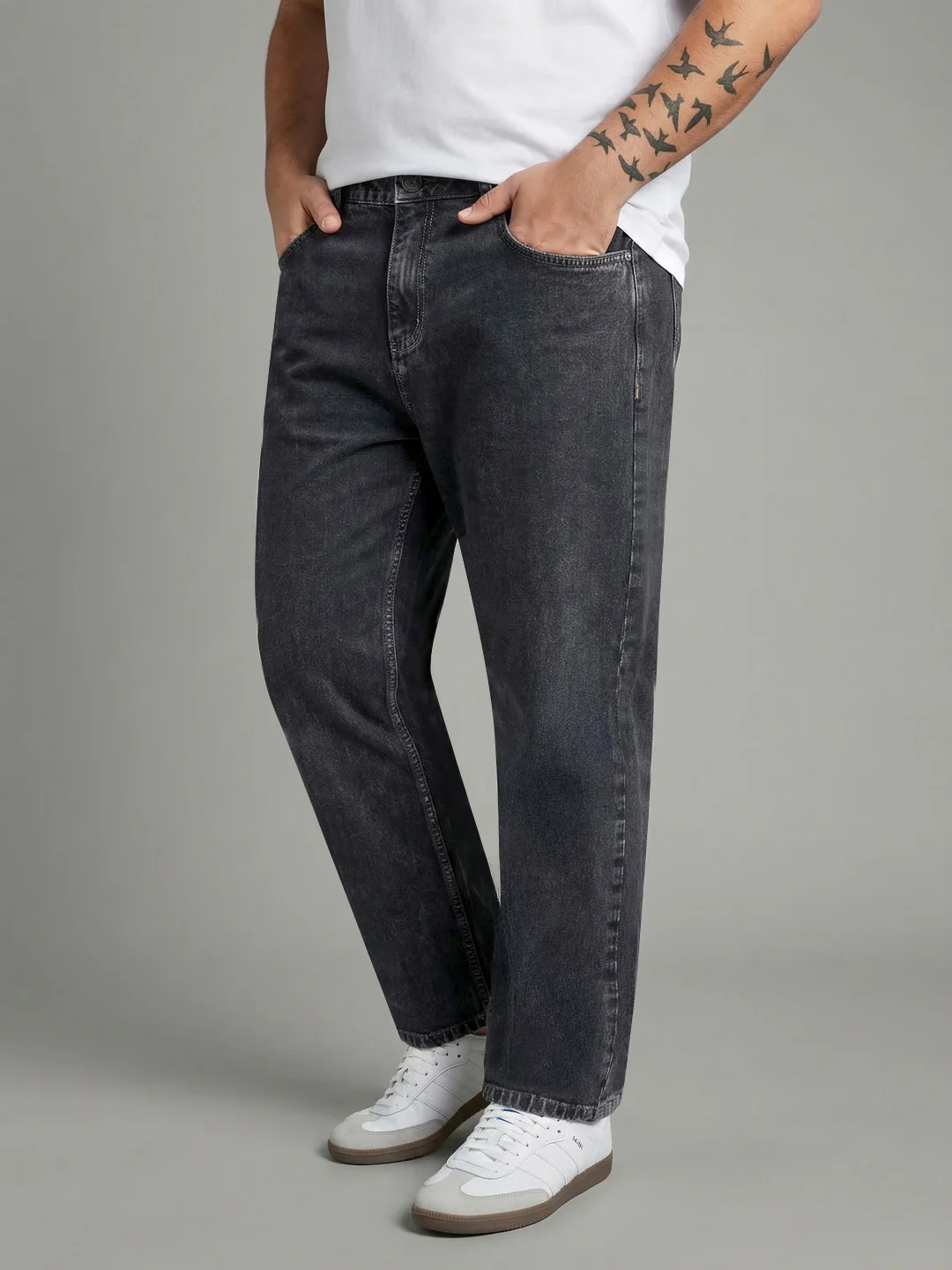 Plus Men's Grey Relaxed Fit Washed Denim Jeans Non-Stretchable - Image 2
