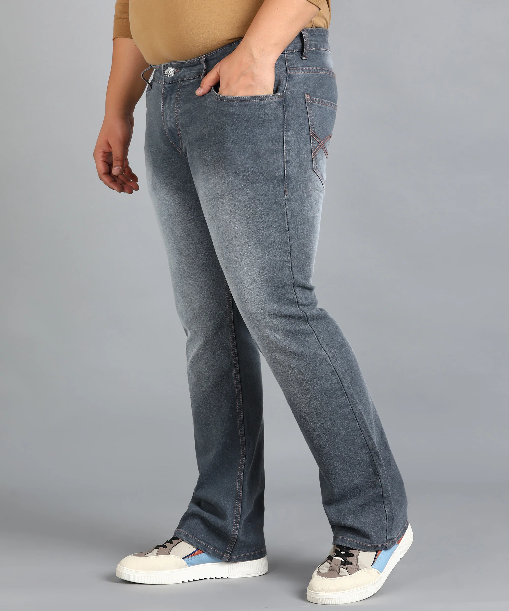 Plus Men's Grey Washed Bootcut Jeans Stretchable - Image 2